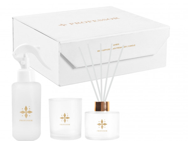 Amber Scented Trio Set: Air Freshener, Reed Diffuser, and Candle